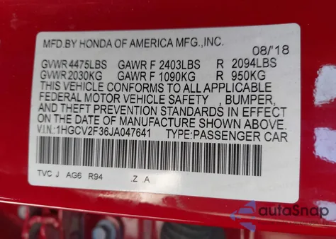 2018 Honda Accord Sport 2.0T from USA, damaged, VIN 1HGCV2F36JA047641